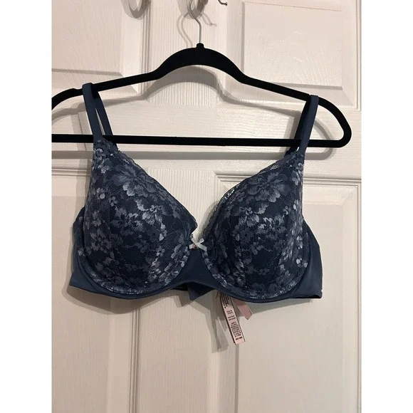 Victorias Secret 38D Bra Body by Victoria Lined Demi Padded Floral Lace Blue - Picture 2 of 14